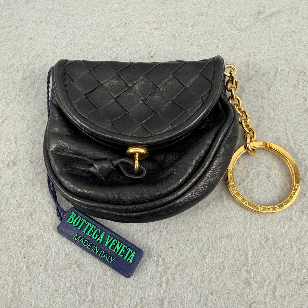 Rare Vintage Bottega Veneta‎ Black Intrecciato Leather Coin Purse Keychain Italy